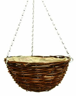 Fyne-Finds 36cm 14Inch Dark Brown Wicker Hanging Basket Lined Rattan Willow Planter with Liner Metal Chain