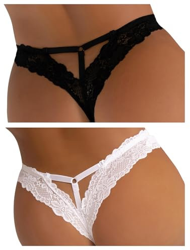 ohyeahlady String Tanga Damen Sexy Dessous 2er Pack Spitze Niedrige Taille Erotisch Slips Große Größen Thong Frauen Bikini Hipster Pantys Unterwäsche Unterhosen schwarz+weiß,L