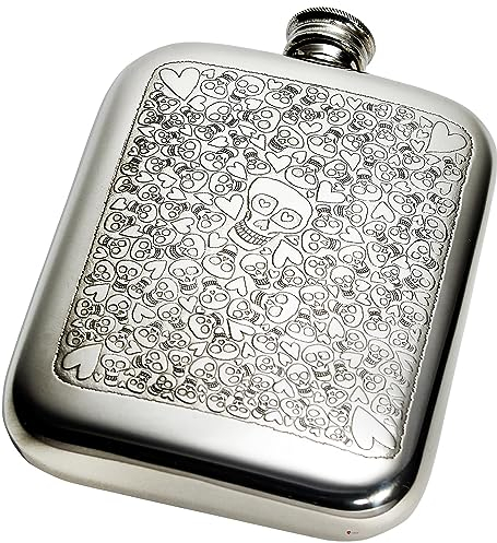 I LUV LTD 6oz Bolsillo con Diseño de Calavera de Amor en Relieve en la Parte Delantera y Trasera Lisa Acabado Pulido Parte Superior del Tornillo Posibilidad de Grabado