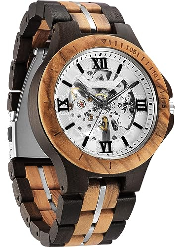 FORSINING Mechanische Skelettuhr für Herren, massives Holz, Vintage-Holzband mit hohlem Zifferblatt, automatische Selbstaufziehung, Schwarz Weiß, Casual