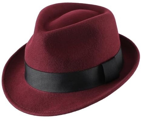 Decentron Men's Wool Felt Winter Hat Short Brim Fedora Hat Burgundy Large