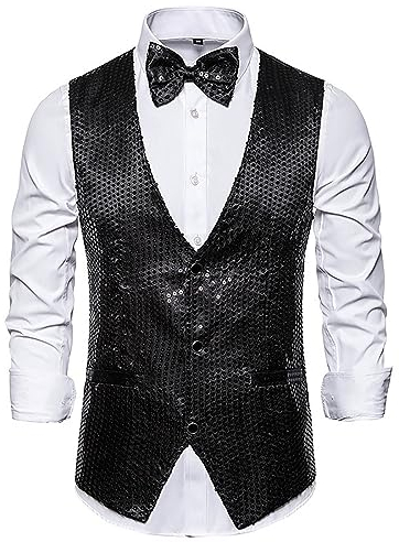 Gefomuofe Pailletten Weste Herren Damen Glitzer Anzugweste V-Ausschnitt Blazer Anzug Weste Jacke V Ausschnitt Weste mit Fliege Karneval Fasching Disco Party Clubwear