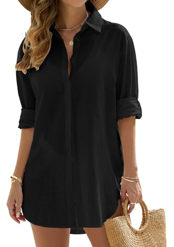 Vancavoo Robe de Plage Femme Tunique Plage Cache Maillot de Bain Été Chemise Longue Boutonnée Cache-Maillots Bikini Cover Up Vêtements de Plage,Noir,XL