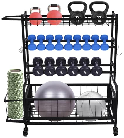 SuhoFutus Hantelständer, 4-Stock Lagerregal für Kurzhanteln mit Rädern, Sportgeräte-Hantelablage/Yoga Matte Regal, Heim-Fitnessstudio Lagerregal für Hanteln, Faszienrolle, Kettlebell und Yogamatte