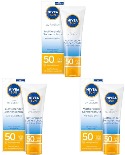 NIVEA SUN UV Gesicht Mattierender Sonnenschutz LSF 50 (50 ml), nicht fettende Sonnencreme für das Gesicht, sofort wirksame Sonnenmilch mit leichter Textur (Packung mit 3)