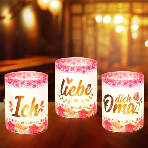 TGFIX 3 Stück Ich Liebe Dich Oma Windlicht Tischdeko Muttertag Tisch Deko Kerzen Windlichter Rosendruck Oma Geburtstag Party Dekoration Geeignet für Teelichter oder Kerzen