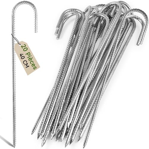 Graxury 20 Stück 40cm Schwere Trampolin-Zeltanker-Bodennägel - Verzinkter Stahl Rostfrei J-Haken-Rebar-Pfähle passend für Trampoline, Camping, Gartenschuppen, Schaukeln mit Meißelspitzenende