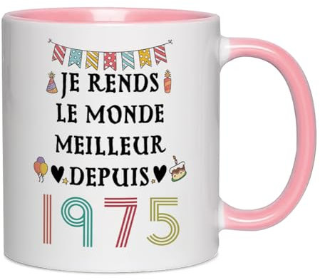 Fatbaby Cadeaux pour le 50e Anniversaire des Femmes, Tasse à Café pour les Cinquantenaires, Tasse à Thé Je rends le monde meilleur depuis 1975 11oz