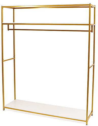 Fyssnn Freistehend Kleiderständer Stabil Bodenmontage Klamotten Ständer Gold Garderobenständer Geeignet zum Aufhängen von Kleidung sowie zur Aufbewahrung von Schuhen Taschen usw (3 Bretter)