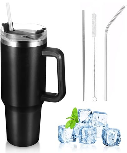 Tumblers Cup with Straw - 1 Pcs Black 40oz Tumbler with Straw and Lid Stainless Steel Vacuum Insulated Cup for Hot Iced Coffee,Car Thermos Cup