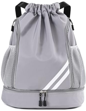 kingsea Mode Sport Rucksäcke, Turnbeutel mit Kordelzug, Wasserdicht Turnbeutel und Breit Kordelzug, Basketball Fussballtasche Rucksack Beutel mit Außentasche, Grau