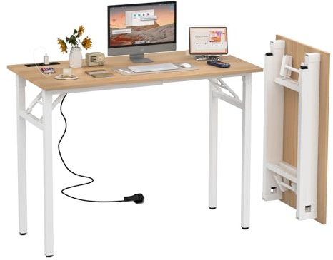 PIPIPOXER Bureau Pliant 100x50x76cm, Table Pliable avec 2 Prise de Charge USB et 2 Prise, Table de Bureau, Bureau d'Ordinateur Pliable, Cadre en Métal, Bureau Pliant pour Étudier, Chambre, Bois