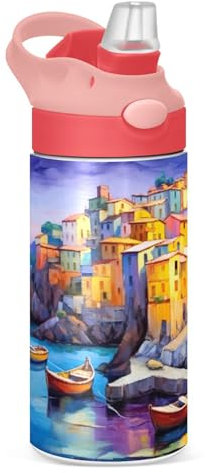 Sevdomey Village Boats Kids Water Bottle for Girls Boys, Stainless Steel Insulated Leakproof Water Bottle 350ml with Straw for School Nursery Travel Sports