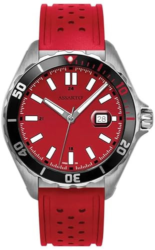 ASSARTO® - Herren Uhr Automatik (Rot) mit Schweizer Quarzwerk, 316L Edelstahl Gehäuse & Silikon-Armband - Männer Herrenuhr & Armbanduhr Datumsanzeige (Seapearl Collection) analog wasserdicht
