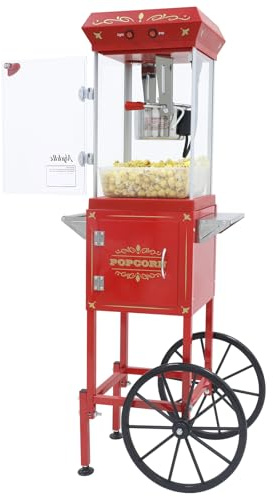 Nyddle Popcorn Machine Maker With 8 Oz Kettle Makes Up to 32 Cups Popcorn Machine Cart Vintage-Style Popper on Wheels Popcorn Machines for Home (Red)