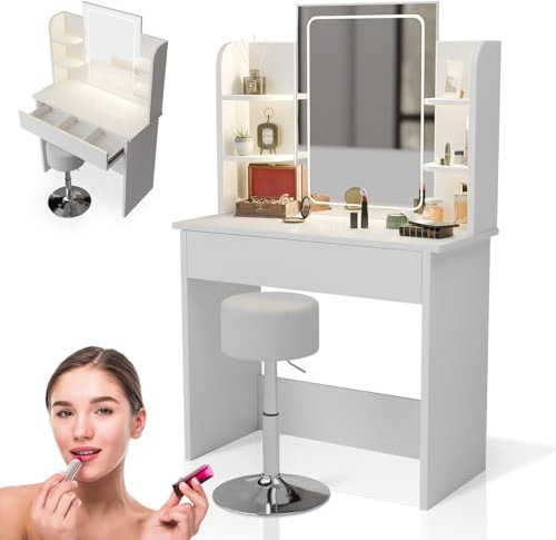 Juskys Schminktisch Zoey & Hocker Tonia, Touch-LED-Spiegel, Schublade & Regal, viel Stauraum, pflegeleicht & modern — Weiß