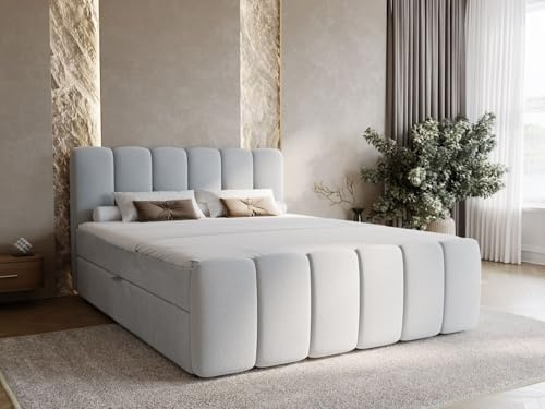 GRAINGOLD Cloud Bett 140x200, Boxspringbett mit Bettkasten, Polsterbett mit Bonell-Matratze, Samt Stoff, mit Topper, mit Kopfteil (Hellgrau, 140x200)