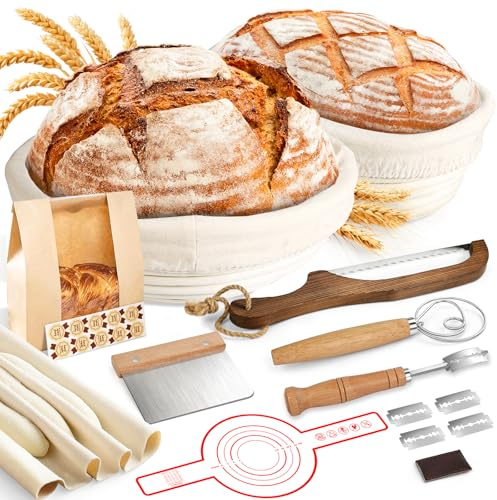 NZQXJXZ Gärkörbchen, 100% natürlichem Rattan, Gärkorb Zum Brotbacken-Set, Brotkorb Mit Waschbarem Leineneinsatz, Leicht Zu Reinigen Brot Backen Zubehör, für Professionelle und Häusliche Bäcker, 15pcs