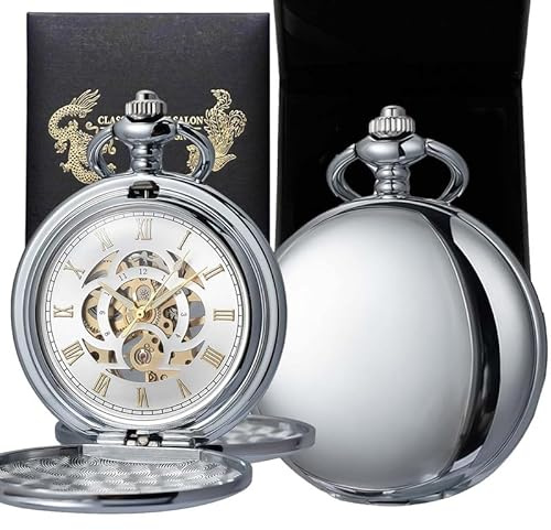DerMacht Mechanical Pocket Watch with Chain Retro Smooth Classic Handwind Roman Numerals for Men & Women