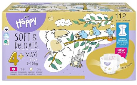 bella baby Happy Windeln Größe 4+ Maxi Plus 9-15 kg 112 Stück, DERMATEST & OEKO TEX Siegel, Babywindeln Einweg