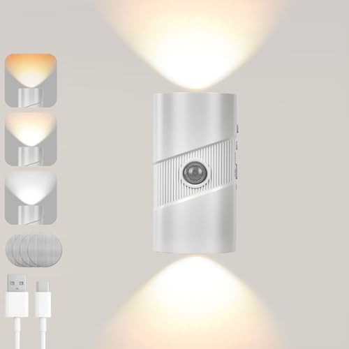 AUAUY LED Wandleuchte, USB C wiederaufladbar Wandlampe Nachtlicht | mit Bewegungsmelder AUTO/Dauer-EIN 3 Lichtfarben Magnetisch Lampe für Flur Treppe Wohnzimmer Schlafzimmer Kinderzimmer