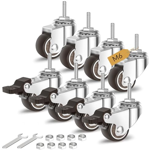 HOLKIE Set di 8 Rotelle per Mobili 25mm, Ruote Girevoli Piccole con Freno, Ruote di Ricambio Silenziose per Carrello e Tavoli, Perno Filettato M6x20mm, Capacità 40kg
