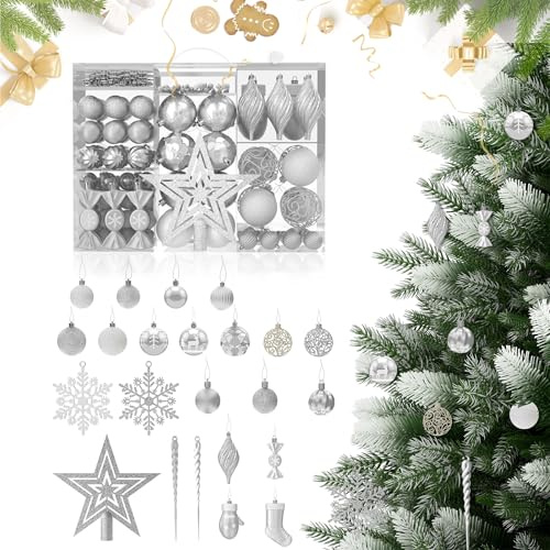 XMTECH Weihnachtskugeln 138 Stück, Silber, Weihnachtsdeko & Christbaumkugeln Set, matt & glänzend, bruchsicher, Polystyrol, Baumschmuck für Innen & Außen, Weihnachtsdekoration