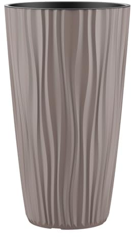 Engelland Pflanzkübel mit Einsatz, Blumentopf mit Wasserspeicher & 3D Struktur, hoch & rund, modern & frostfest, robust & langlebig, für Innen & Außen, Kunststoff, Ø 34 x H 60 cm, Braun