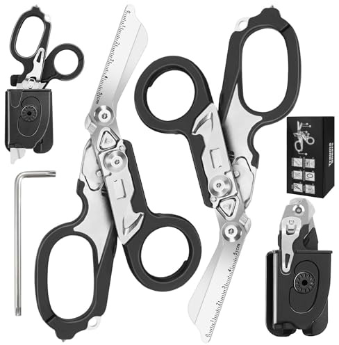 Kevanry 2er Pack 6-in-1 Trauma Schere mit Holster, Multifunktionale Rettungsschere mit Gurtschneider & Glasbrecher für Outdoor, Camping, Rettungsdienst, Erste Hilfe, Überlebenswerkzeuge - Schwarz