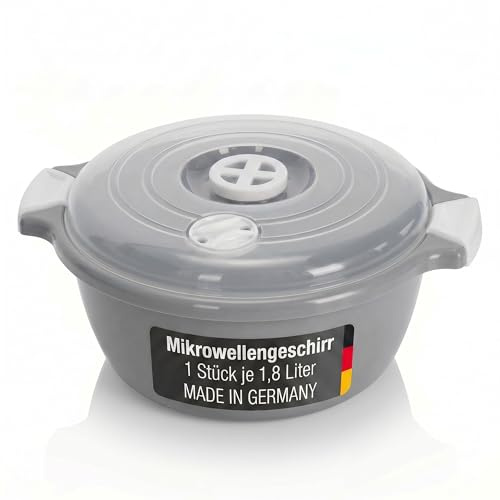 Lantelme Mikrowellenschüssel mit 1,8 Liter mit Dampfventil in Deutschland hergestellt stapelbar spülmaschinengeeignet Kunststoff Schüssel für Mikrowelle Kühl- Gefrierschrank (Grau)