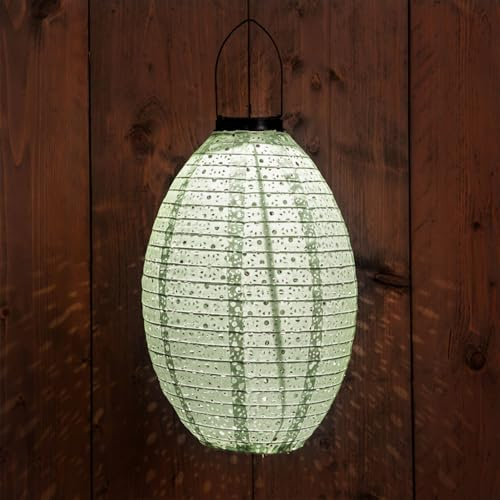 LED Solar Lampion oval grün aus Polyester - 32 cm - Garten Deko Beleuchtung warm weiß - Solarleuchte Laterne Leuchtkugel Dekoleuchte Partylicht für Außen wetterfest