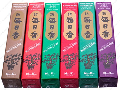 Morning Star Japanische Räucherstäbchen Sandelholzduft, 6 Box mit 50 Stäbchen (Salbei, Sandelholz, Zedernholz, Moschus, Weihrauch und Myrrhe)