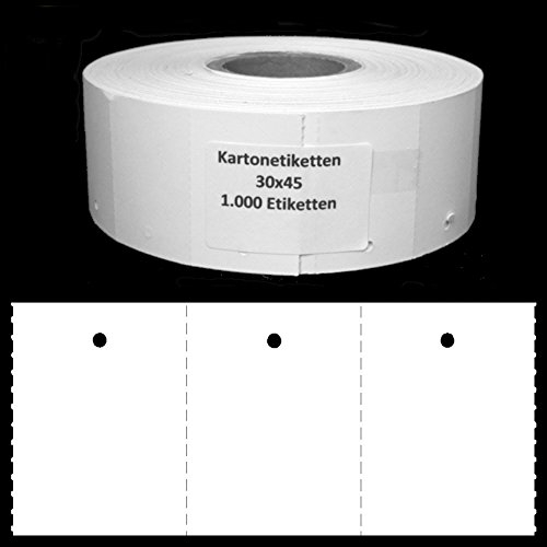 ggm 1000 Karton Etiketten 30x45mm auf Rolle, Endlosetiketten mit Loch in weiß – rechteckig – Preisschilder Anhänger für Einzelhandel, Flohmarkt, Geschenke – GGM Anhängeetiketten, 250g/m² Offsetkarton