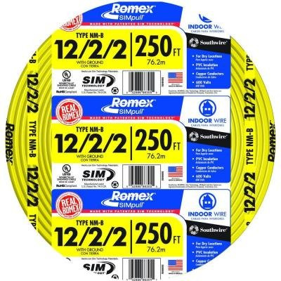 Southwire 55048455 250-Foot Nonmetallic-Sheathed Romex Cable,12-2-2 CU NM-B W/G, Yellow