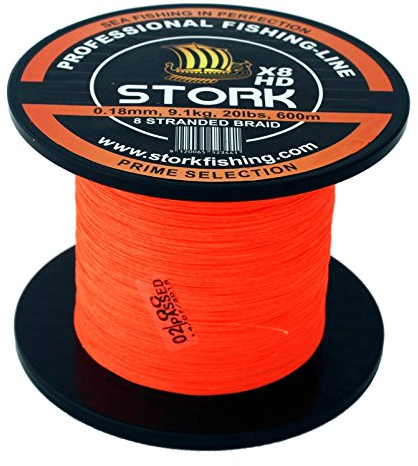 Stork HDx8, 8-Fach geflochtene premium Angelschnur 600m (Orange, 20 lbs / 9.1 kg / 0.18 mm)