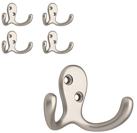 Franklin Brass (5-Pack Double Wall Hooks 2-Prong Coat/Hat Matte Nickel Hooks for Hanging Wall Mount Hanger Clothes, Purse, Bag, Towel Organization Decorative Wall Hooks FBDPRH5-MN-C