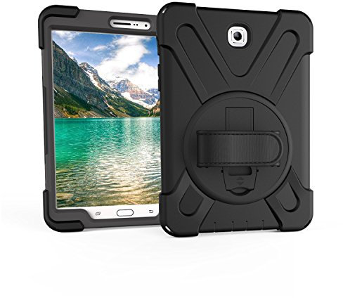 QIHANG - Funda de silicona para Samsung Galaxy Tab S2 de 8 pulgadas (SM-T710 T713/SM-T715 T719) con tres capas de silicona resistente y suave, con función atril y correa de mano, color negro