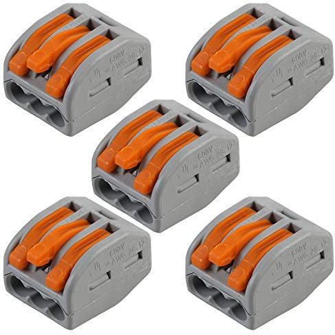 5 PACK | 3 Way 32 AMP WAGO Lever Connector | Electrical Push Snap Fit Terminal Block | Reusable Lighting Junction Choc Clamp | 0.08mm² - 4mm² Power Cables | 222-413 | 400V Max Spring Arm Wire Holder