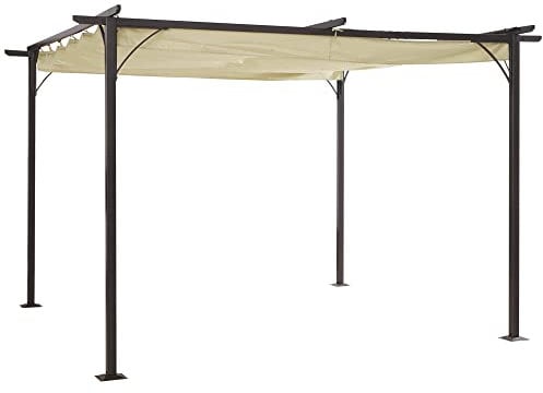 Outsunny Pérgola de Jardín 3,5x3,5m Gazebo Cenador para Exterior con Techo Retráctil Tela Poliéster Impermeable y Anti-UV para Patio Terraza Beige