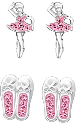FIVE-D Set 2 Paar Kinderohrringe Ballettschuhe und Ballerina 925 Silber(Pink-Glitzer)