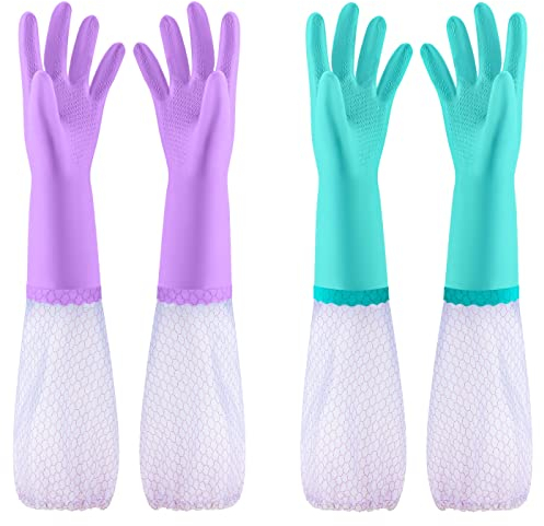 Elgood 2 Paires de Gants de Ménage Réutilisables, Gants de Nettoyage Doublés de Coton Sans Latex, Gants en Caoutchouc pour la Cuisine, la Vaisselle, le Nettoyage (Violet+Bleu, Longue Taille M)