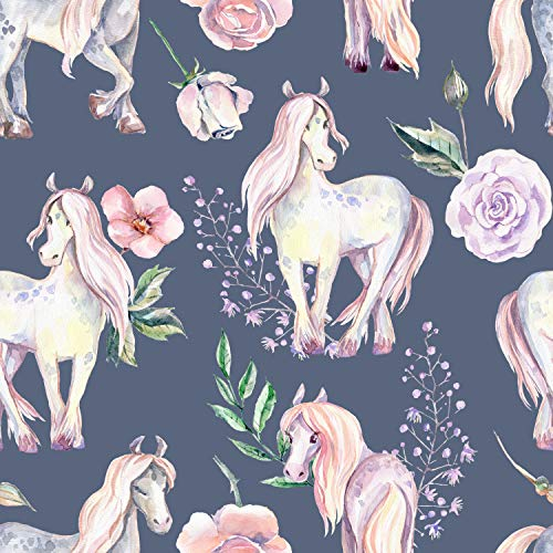 wandmotiv24 Fototapete Kinderzimmer Einhorn Pony Rosen, XXL 400 x 280 cm - 8 Teile, Wanddeko, Wandbild, Wandtapete, Aquarell Blumen Blau M5796