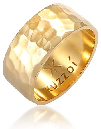 Kuzzoi Herrenring vergoldet im Hammerschlag Design, Bandring massiv 10 mm breit in 925 Sterling Silber, Silberring goldfarben gehämmert, Ring für Männer im Biker Look, Ringgröße 64, 0604972820_64