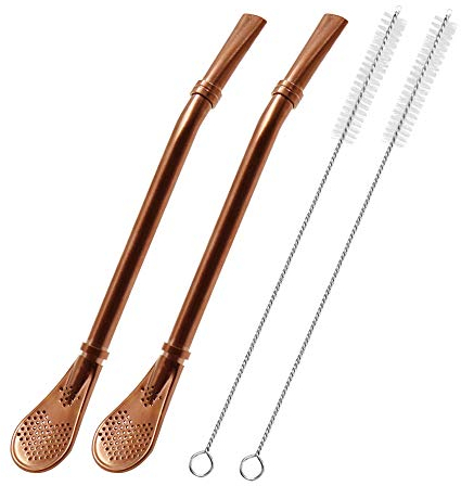 Lot de 2 pailles en acier inoxydable avec cuillère filtrante, pour thé glacé, cocktail, avec 2 brosses de nettoyage (or rose) D-V004