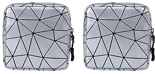 2 PCS Sanitary Napkin Storage Bag Geometric Stitching Portable Sanitary Napkin Pads Storage Bags Feminine Menstruation PU First Period Bag for Teen Girls Women Ladies (Silver)