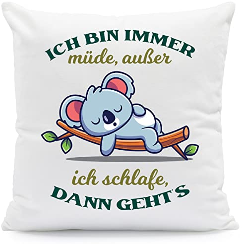 GRAVURZEILE Kissen mit Spruch - Ich Bin Immer müde ausser ich schlafe - bedruckter Bezug mit Reißverschluss - Witzige Geschenk für Freunde zum Geburtstag Weihnachten Farbe mit Füllung