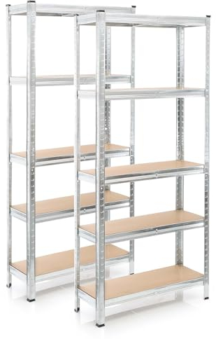 Wiltec Set 2X Schwerlastregal 174x75x30cm, 875 kg Gesamtlast, Steckregal verzinkt aus Stahl, Lastenregal mit 5 Ablagen, Werkstattregal