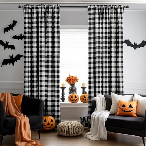 Melodieux Buffalo karierte Vorhänge für Wohnzimmer, Schlafzimmer, Bauernhaus, Gingham-Stil, Baumwolle, Textur, Stangentasche, Halbvorhänge, Schwarz, 132 x 244 cm (2 Paneele)