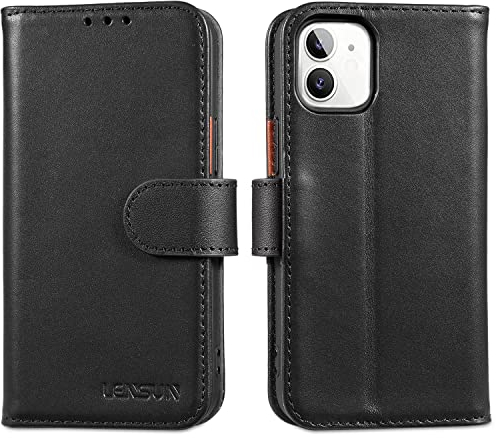 LENSUN Echtleder Hülle für iPhone 12 Mini, Handyhülle [Echtes Leder][Magnetverschluss][RFID Schutz] Handytasche Flip Lederhülle Kompatibel mit iPhone 12 Mini - Schwarz