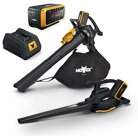 Mowox® EBV 40 Li kraftvoller 40V Akku-Laubbläser mit Boost-, Saug- und Häckselfunktion | 240km/h Geschwindigkeit | 578m³/h Saugvolumen | 32l Fangsack | inkl. 40V - 4,0Ah Batterie + 4A Schnellladegerät
